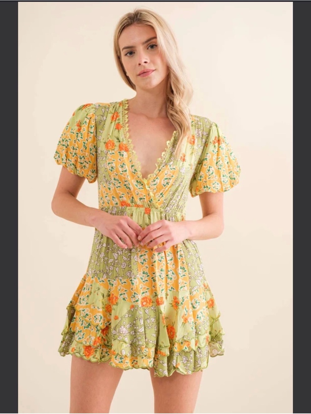 Lime Green & Yellow Floral Tie-Back Mini Dress
